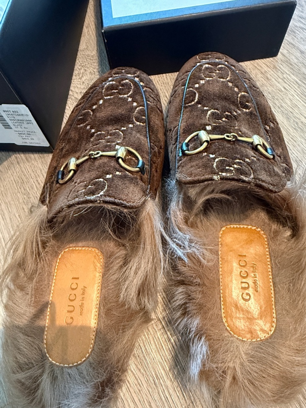 Gucci Brown Velvet Fur Slide Loafers with Gold Horsebit - Picture 3 of 3